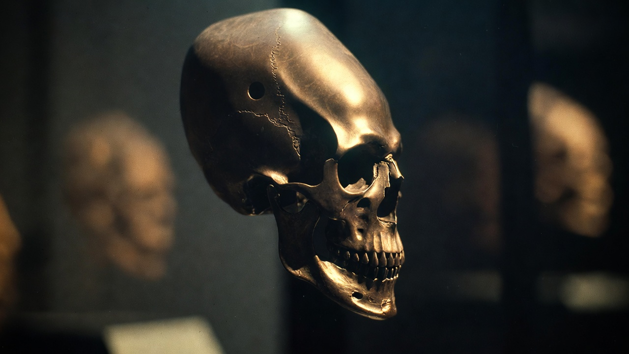A bronze cast of an elongated skull, possibly from the Paracas culture, highlights the distinctive cranial deformation practices of ancient civilizations.